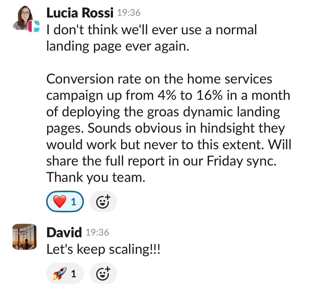 Chat messages about a marketing campaign's conversion rate rising from 4% to 16%, celebrating success.
