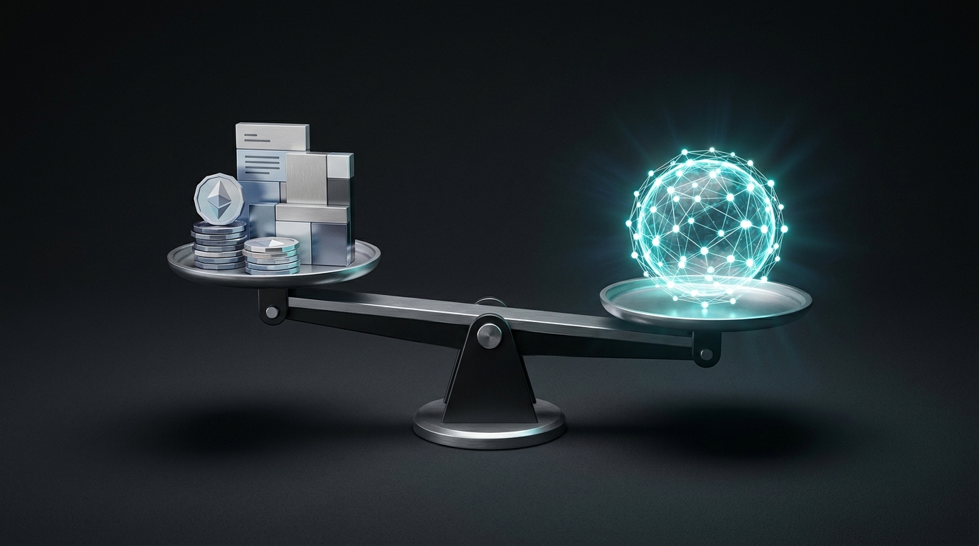 A precise scale balancing stacks of coins against a glowing abstract network, symbolizing agency pricing versus autonomous Google ads management cost analysis.