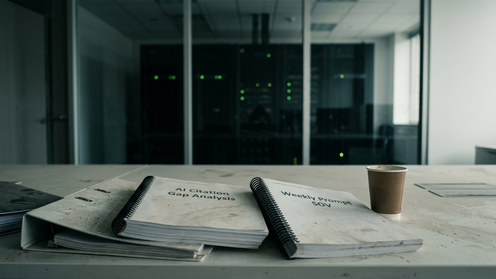 Forgotten AI gap-analysis printouts beside active deployment logs.