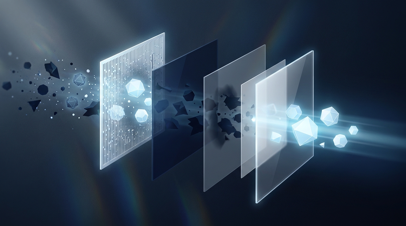 A precision filter concept with layered translucent panels blocking unwanted elements, symbolizing negative keyword exclusion in Google Ads campaign strategy.