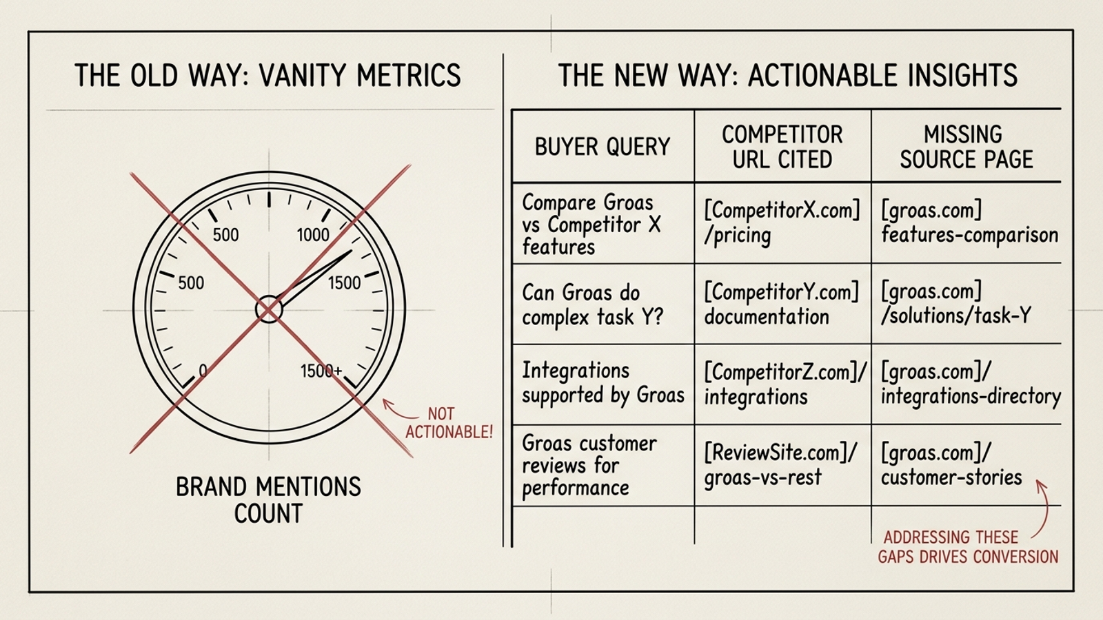 A wireframe comparing a broad prompt score with a competitor-citation loss ledger.