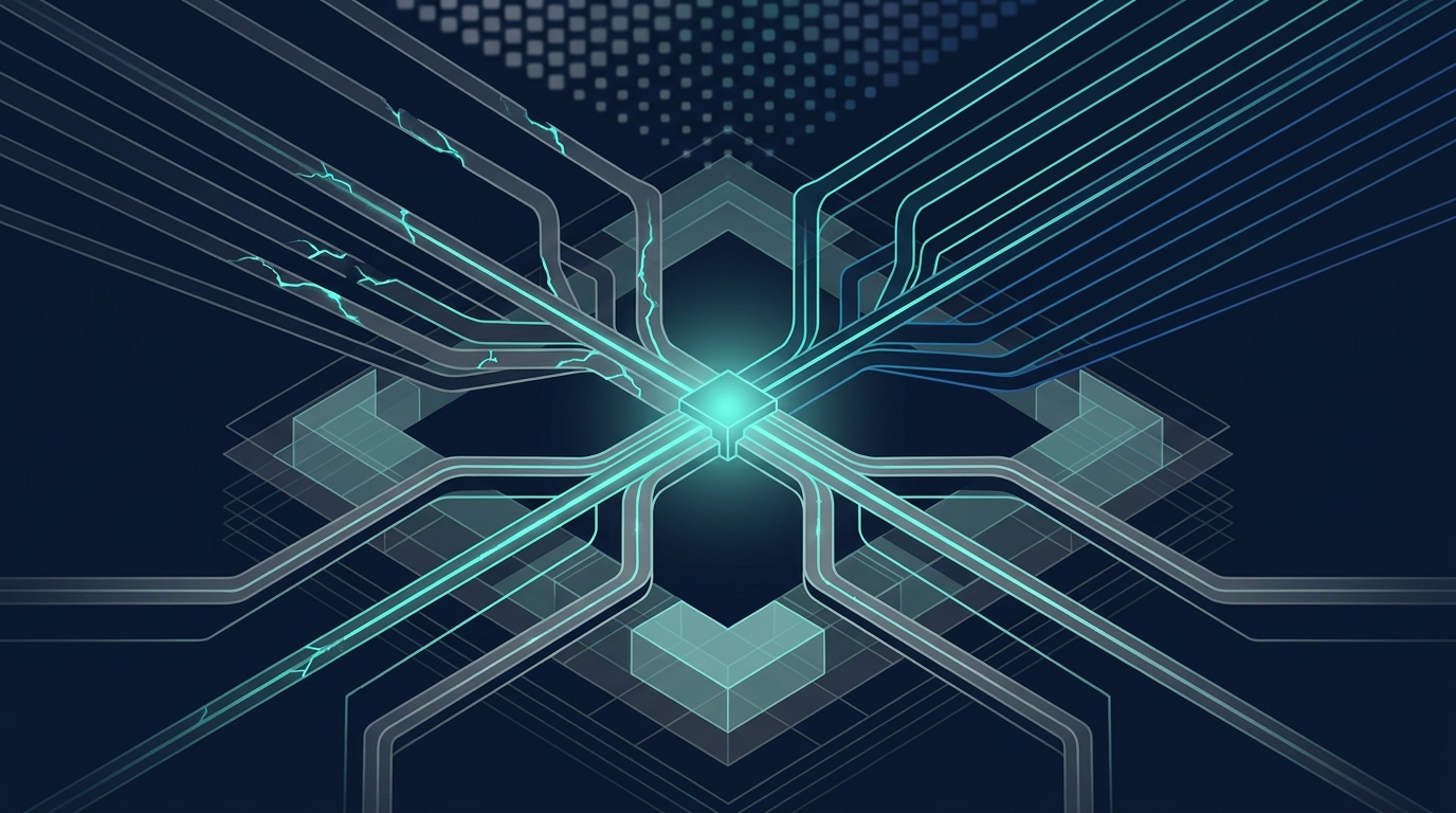 Abstract editorial illustration of interconnected data streams and audit pathways merging into a single verified signal, representing GA4 and Google Ads tracking alignment in 2026.