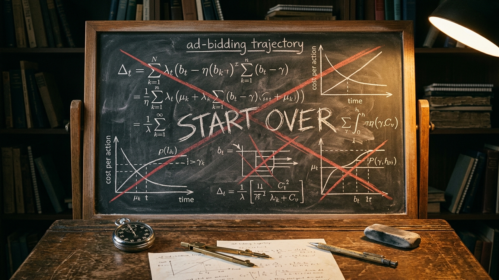 Chalkboard showing a bidding trajectory crossed out and overwritten with “START OVER”.