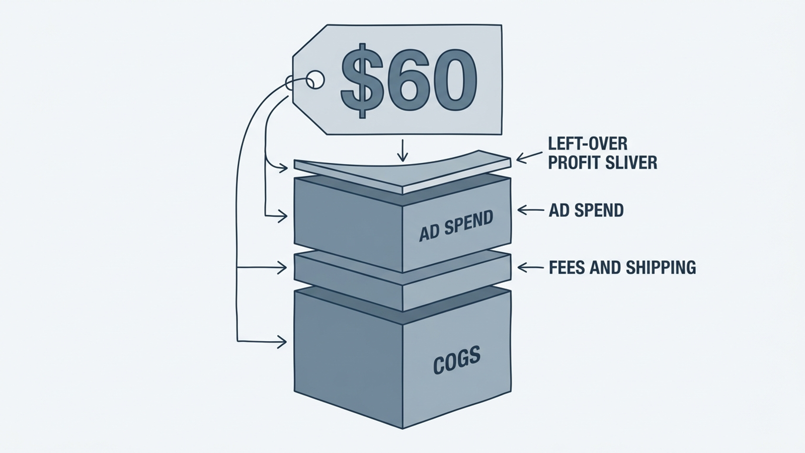 Diagram showing how costs, ad spend and remaining profit divide the revenue from a $60 product