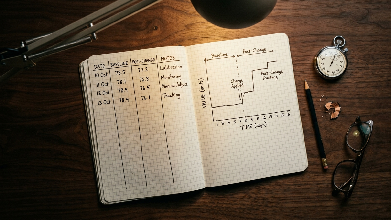 A graph-paper notebook tracking daily campaign observations beside a stopwatch and pencil.
