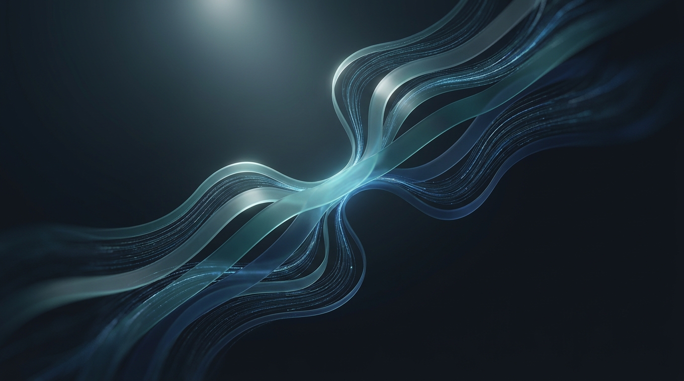 Editorial illustration of flowing teal data ribbons and particle trails arcing over a dark slate surface, suggesting continuous lead generation for dental practices.