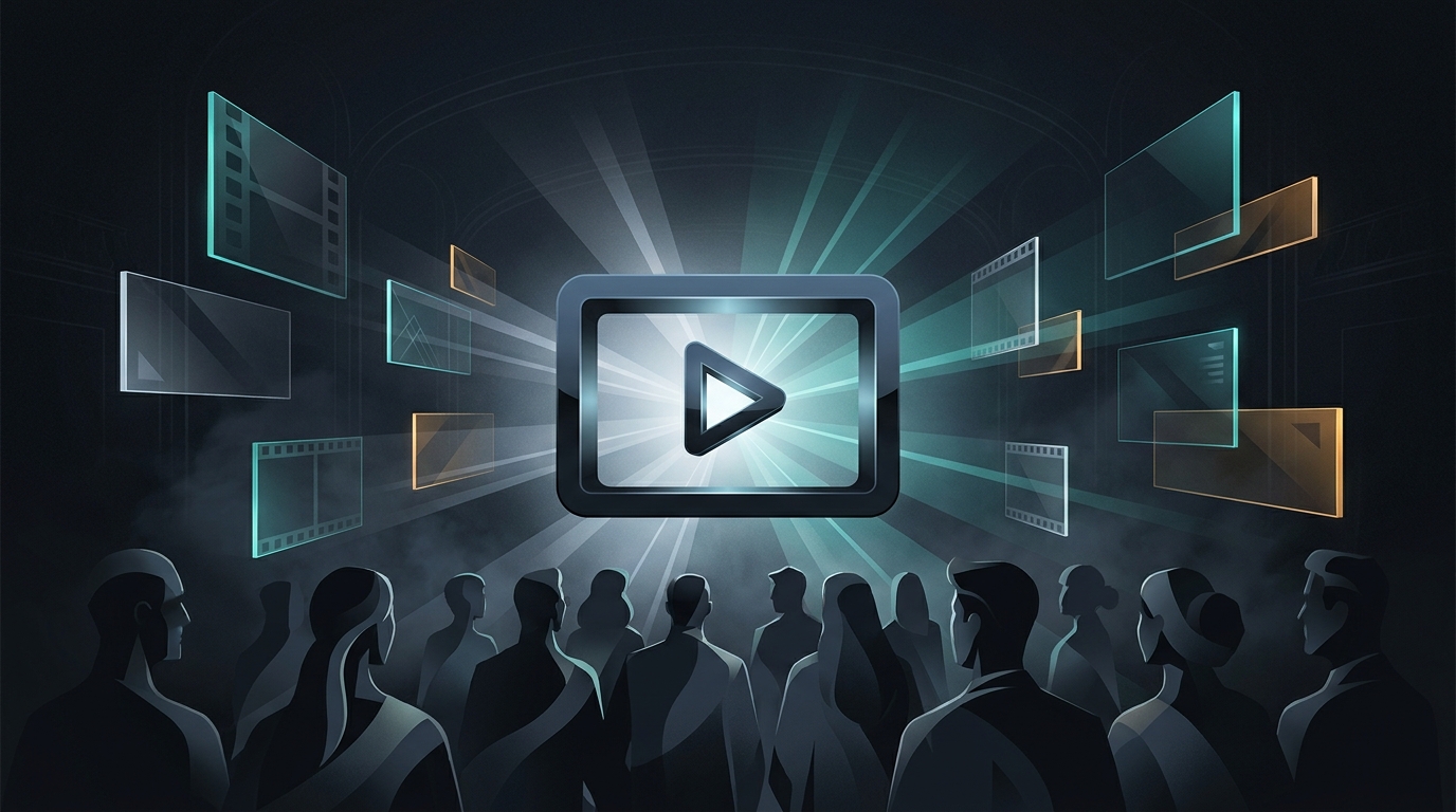 A bold editorial illustration of a cinematic video frame bursting with layered light beams and abstract audience silhouettes, representing YouTube advertising scale in 2026.