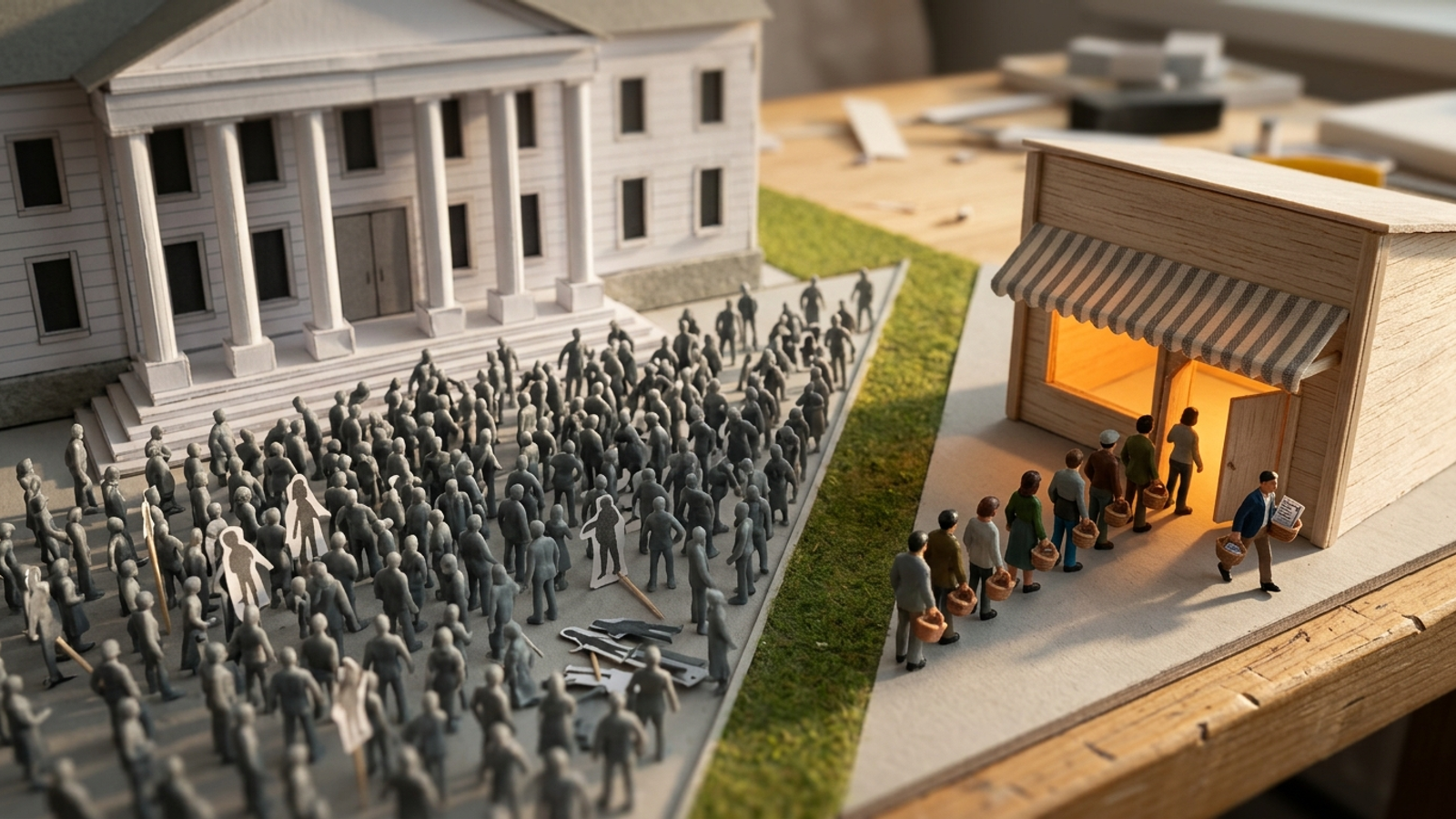 Tabletop model town: a huge crowd, many of them paper fakes, mills outside a dark grand hall while a few real figures queue at a small glowing workshop.