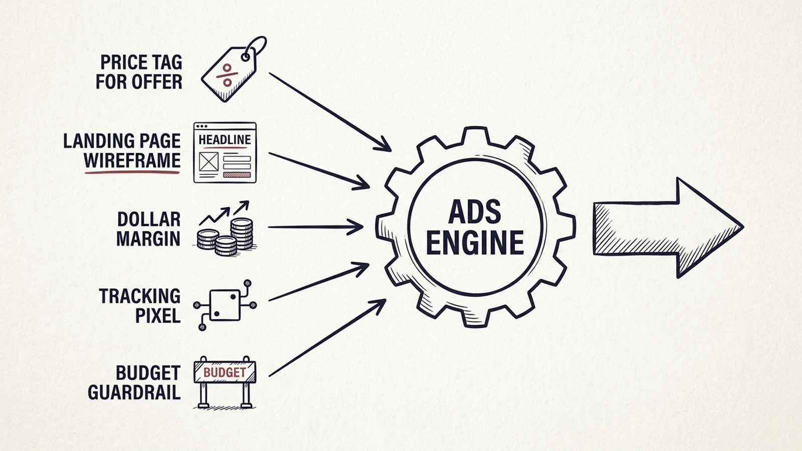 Diagram of five owner decisions feeding into an autonomous Google Ads engine